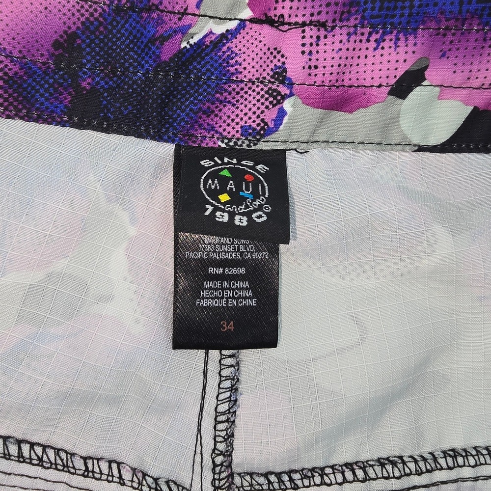 Maui and Sons Mens 34 Board Shorts Grey Camo Purple Floral Ripstop Swim Trunks - Picture 6 of 7
